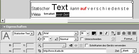 Eigenschaften eines statischen Textes